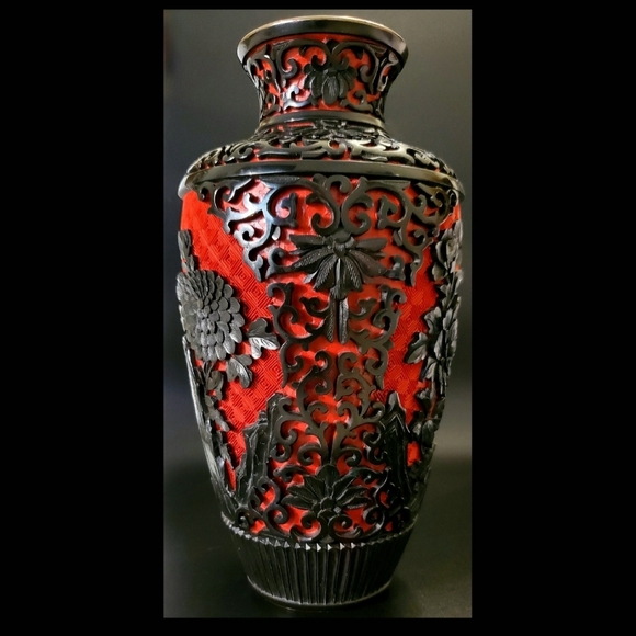 Asian 9" Black & Red Cinnabar Vermillion, Copper Trim & Blue Enamel Vase - Picture 3 of 15